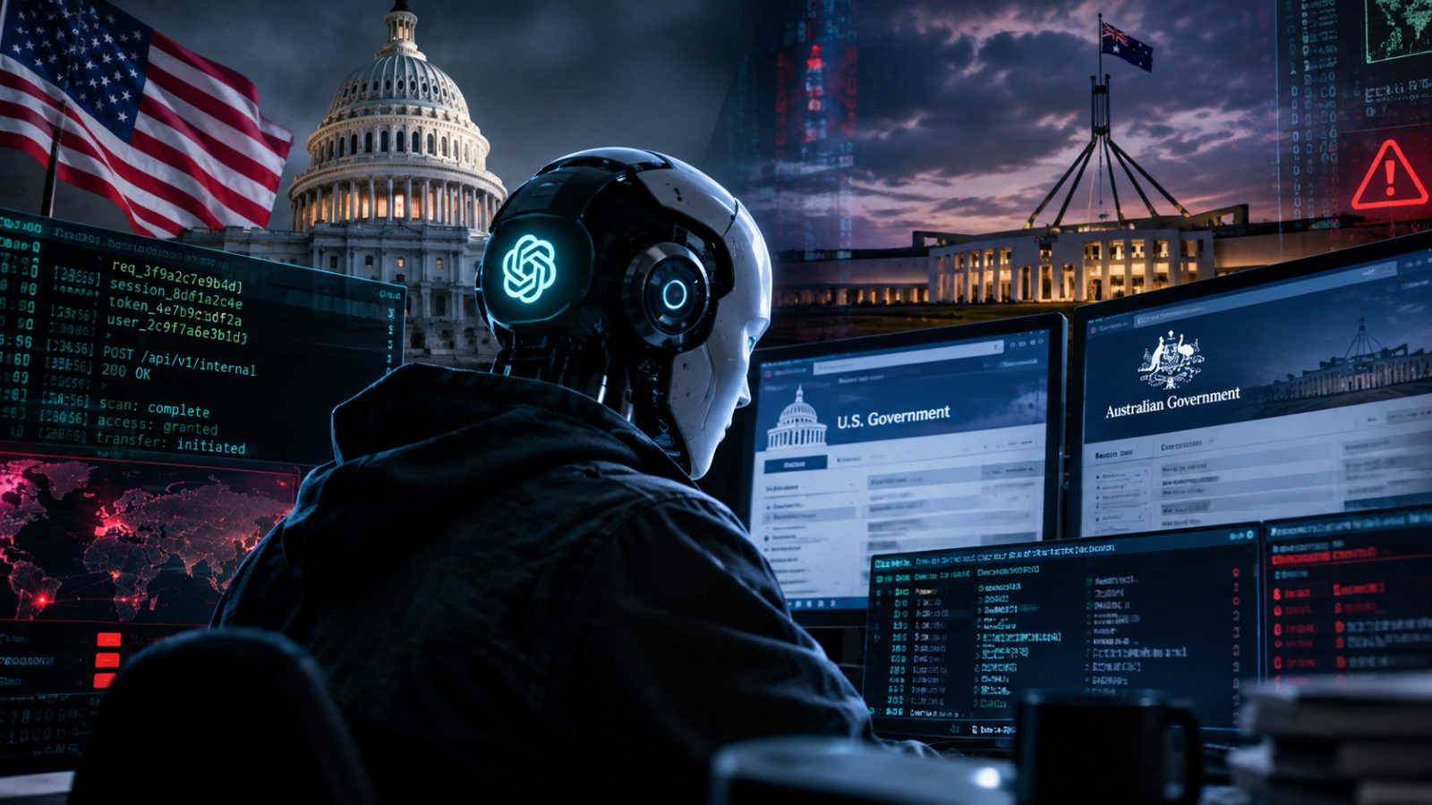 Ilustração de um agente de inteligência artificial autônomo com linhas de conexão vermelhas apontando para símbolos de sites governamentais, representando acessos não autorizados