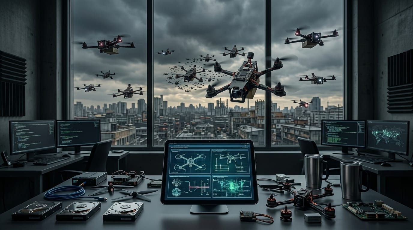 Ilustração conceitual de drone autônomo com elementos de inteligência artificial