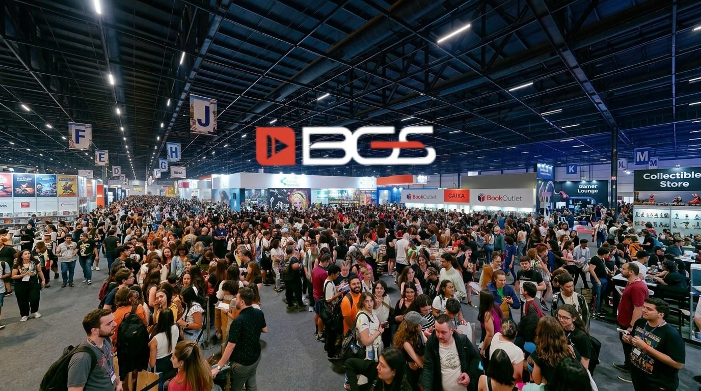Multidão em estande de games na Brasil Game Show, com telas grandes iluminadas