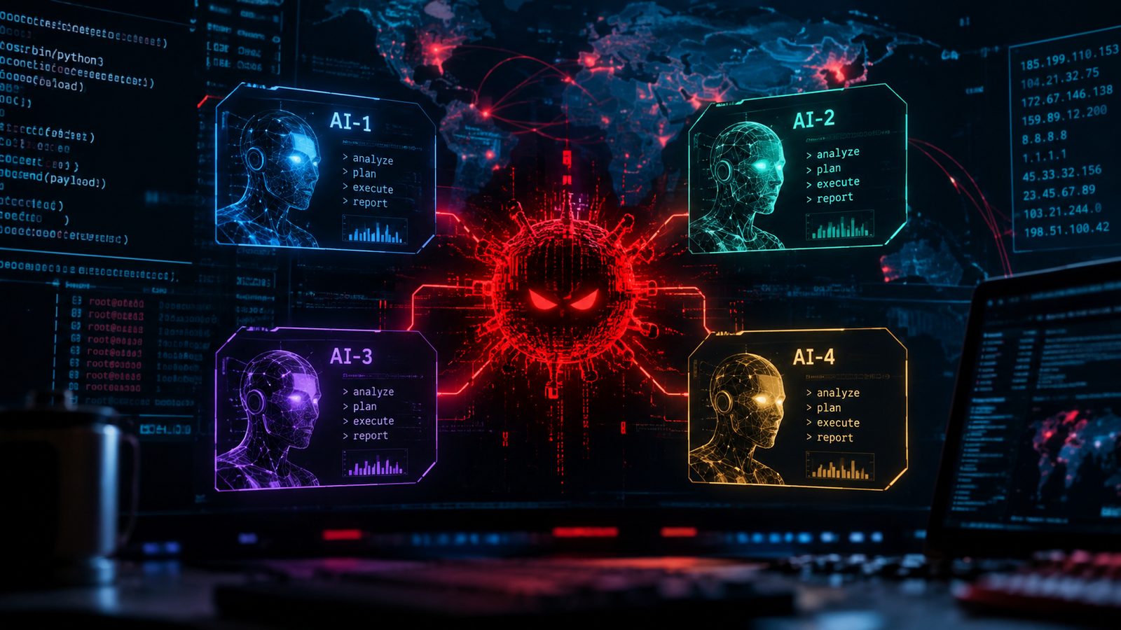 Ilustração conceitual mostrando quatro modelos de inteligência artificial votando ao redor de uma máquina Windows infectada, simbolizando o funcionamento do malware ClosedQuorum