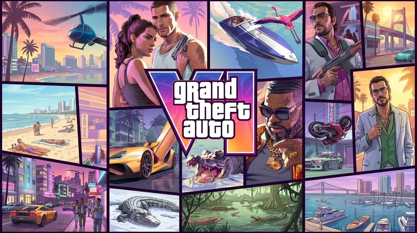 Arte de GTA VI com Jason e Lucia, Vice City e o logo do jogo em um mosaico de cenas do Extended Look