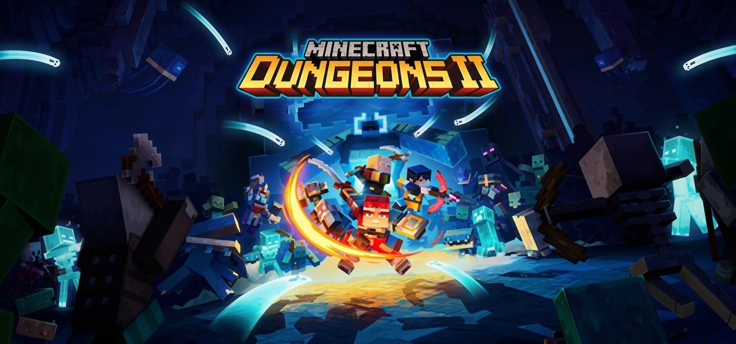 Arte de Minecraft Dungeons II com herói em combate contra hordas de mobs em uma região aberta