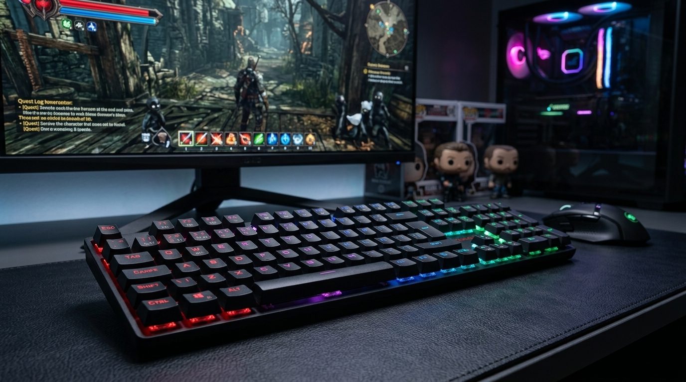 Teclado mecânico gamer com iluminação RGB sobre uma mesa de setup