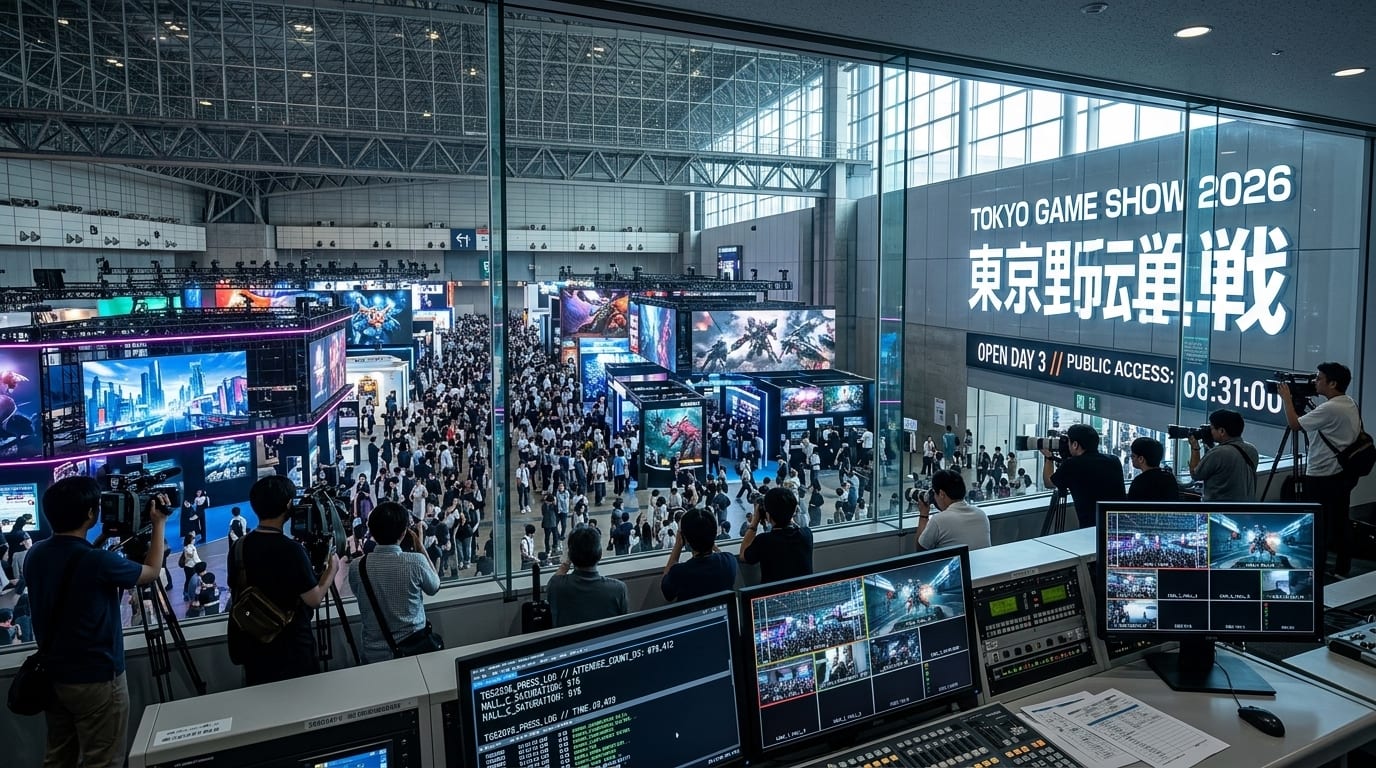 Salão da Tokyo Game Show 2026 lotado de visitantes, visto da cabine de imprensa com câmeras e monitores