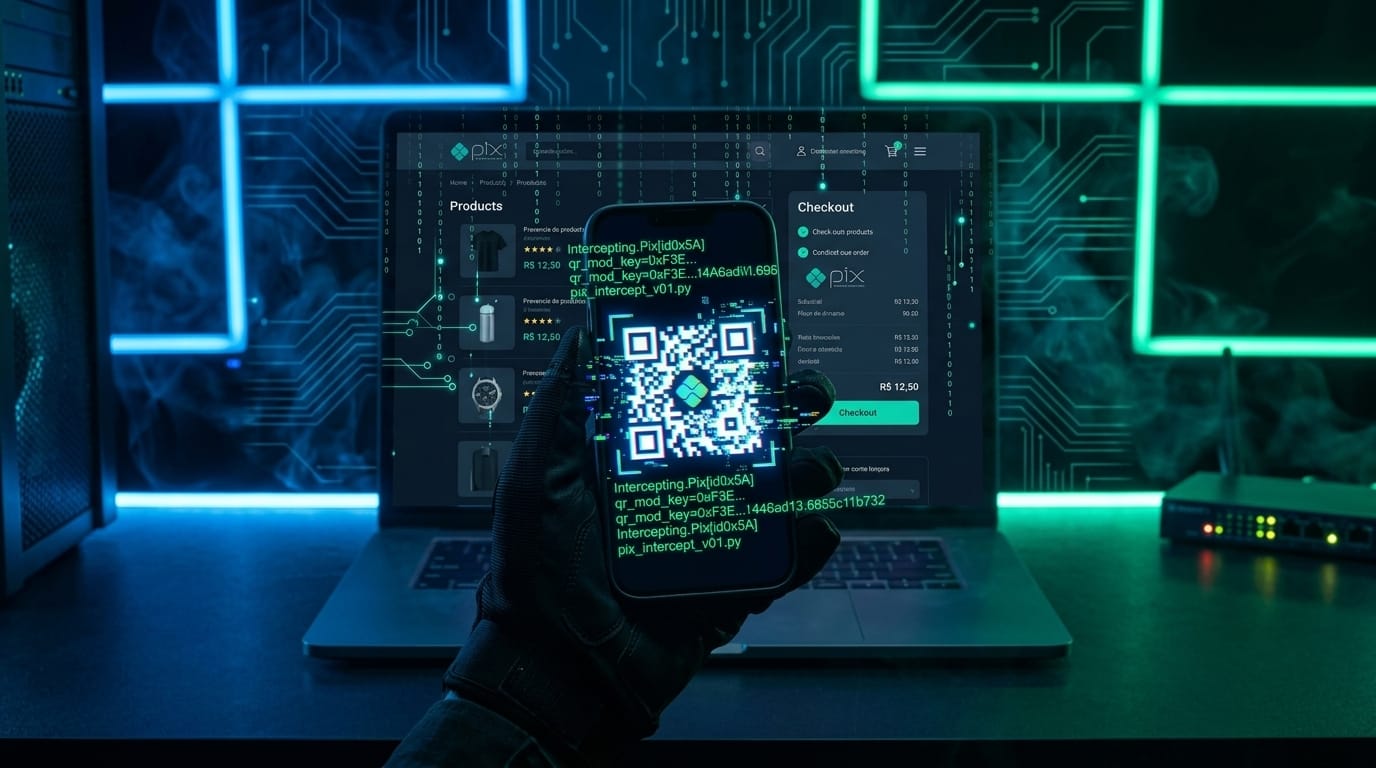 Tela de pagamento com QR Code do Pix e ícone de alerta de segurança